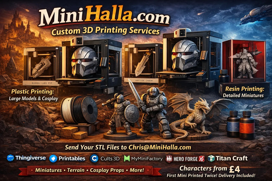 UK custom 3D printing service for miniatures, terrain and cosplay by MiniHalla